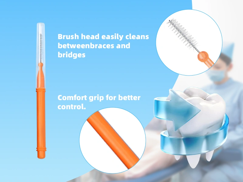Regular use of interdental brushes can effectively remove food debris, reduce dental plaque, and keep breath fresh, making them an important tool in oral care. Both adults and children can use them daily. They are especially suitable for business trips, travel, negotiations, and various social occasions, as good oral health contributes to better interpersonal interactions. ● Type I interdental brushes (0.5mm&ndash;1.5mm) are very effective for cleaning the gaps between front teeth and canine teeth. ● L-shaped interdental brushes (0.5mm&ndash;1.5mm) are ideal for cleaning the gaps between molars at the back of the mouth. The long handle of the L-shaped brush makes it easier to reach the back of the oral cavity.