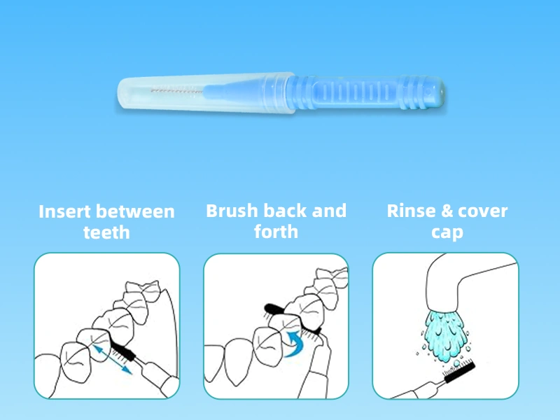 ● Gently insert the brush head into the gap between teeth and move it slowly back and forth to remove food debris. ● Can be used either before or after brushing. Using interdental brushes together with a toothbrush can prevent 99% of oral problems. ● After using the interdental brush, rinse it under running water, let it air dry naturally, and then put on the dust cover.