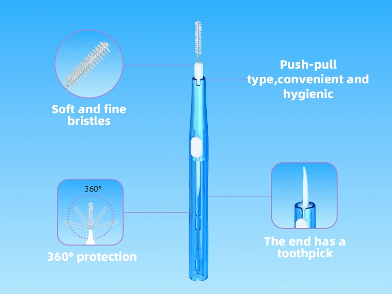 ● Three-in-One, Lightweight & Portable: The dual-head design combines a brush head and a toothpick in one tool, and with the L-shaped brush head slot, it enables "one brush, three uses." The push-pull mechanism eliminates the hassle of lost caps, making it more convenient and hygienic to carry around. ● A Lifesaver for Orthodontic Patients: The brush head can be inserted underneath the archwire of braces, precisely removing food debris and plaque buildup around orthodontic appliances. It's easier to handle and more efficient than dental floss. ● Gentle on Gums, No Irritation: Made with a thin yet durable steel wire core and soft bristles, when the right size is selected, insertion produces only a mild friction sensation without hurting sensitive gums. ● Deep Cleaning for Wide Gaps: Ideal for "black triangles" caused by gum recession, gingival areas under bridges, and implant surfaces. The brush head's contact area is much larger than dental floss, sweeping away large amounts of plaque in a single pull. ● Comfortable and Effortless to Use: Ergonomically designed handle provides a stable, non-slip grip. Your wrist stays in a natural position while cleaning all interdental spaces—no soreness or fatigue. ● Zero Learning Curve: No need to learn complicated flossing techniques. Simply insert horizontally into the gap and move back and forth. Even seniors and beginners can use it correctly right away. ● Size Options for a Perfect Fit: Available in sizes from 0.6mm (extra fine) to 1.5mm (wide), with color-coded diameter indicators to help you easily find the best fit for your gaps.